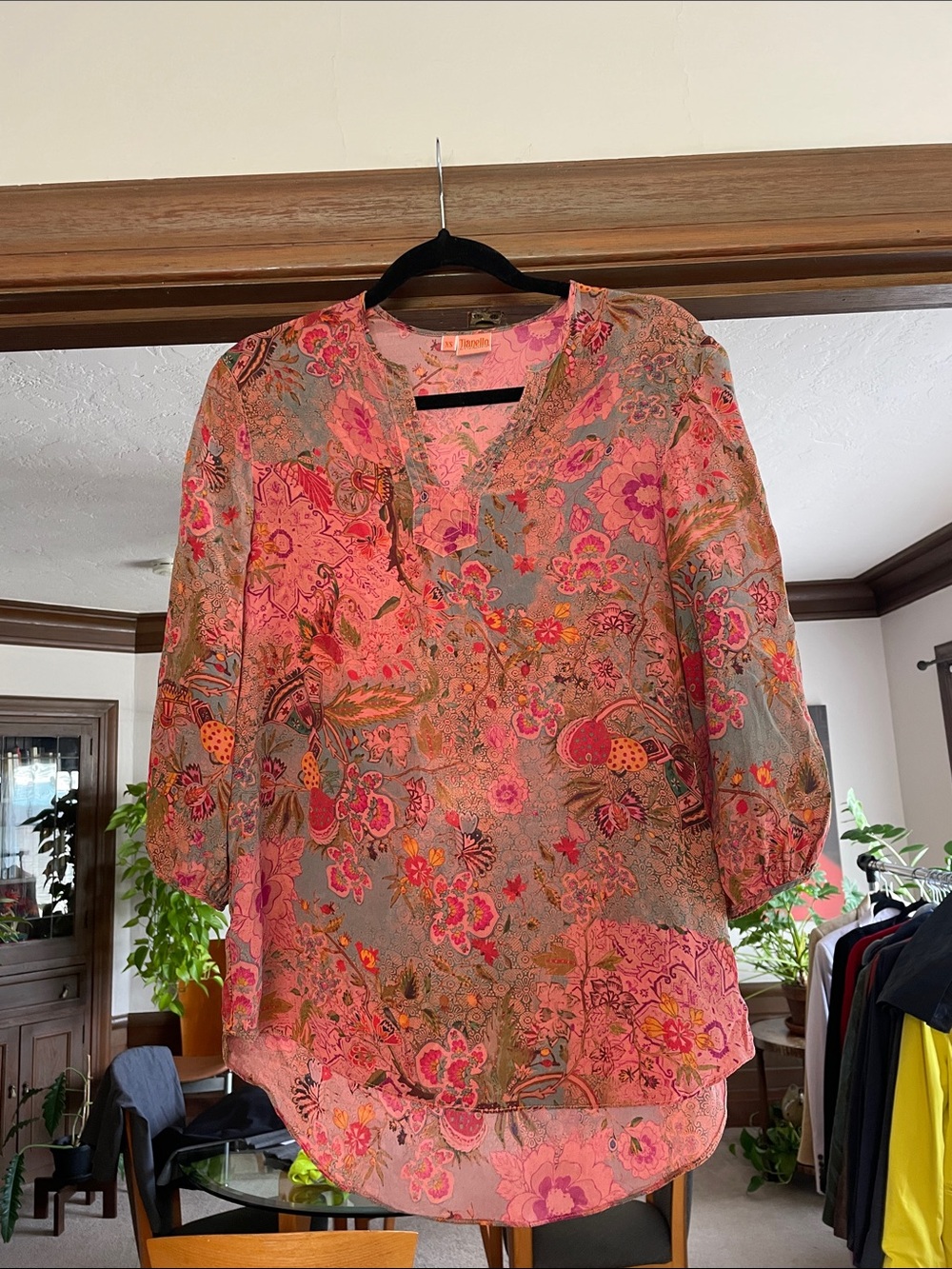Tianello Silk Floral Pink V-Neck Women's Blouse